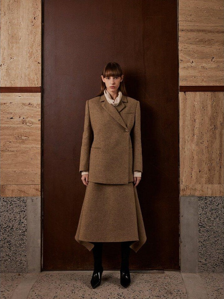 someonesometimes Original Design Long Sleeve Polyester Office Camel Blazer Skirt Top & Skirt Sets