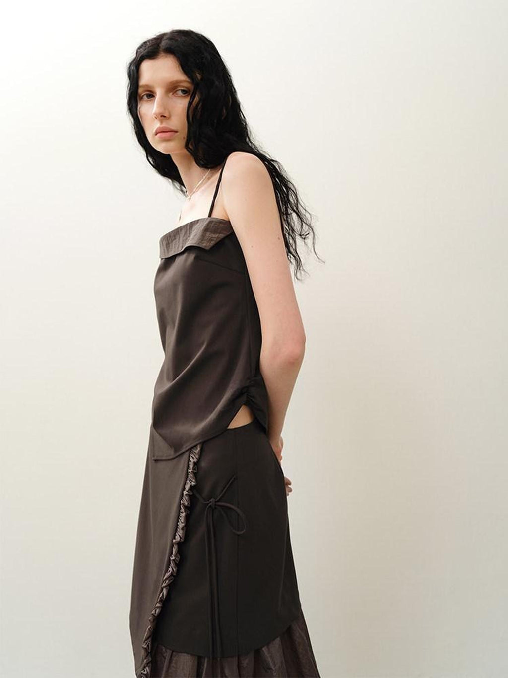 someonesometimes Original Design Loose Camisole And Skirt Women Coffee Brown Top & Skirt Sets