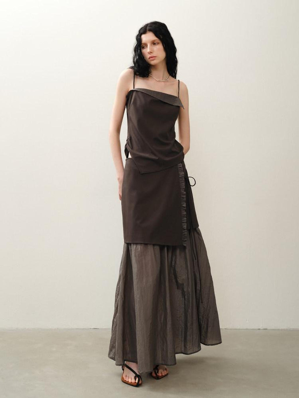 someonesometimes Original Design Loose Camisole And Skirt Women Coffee Brown Top & Skirt Sets