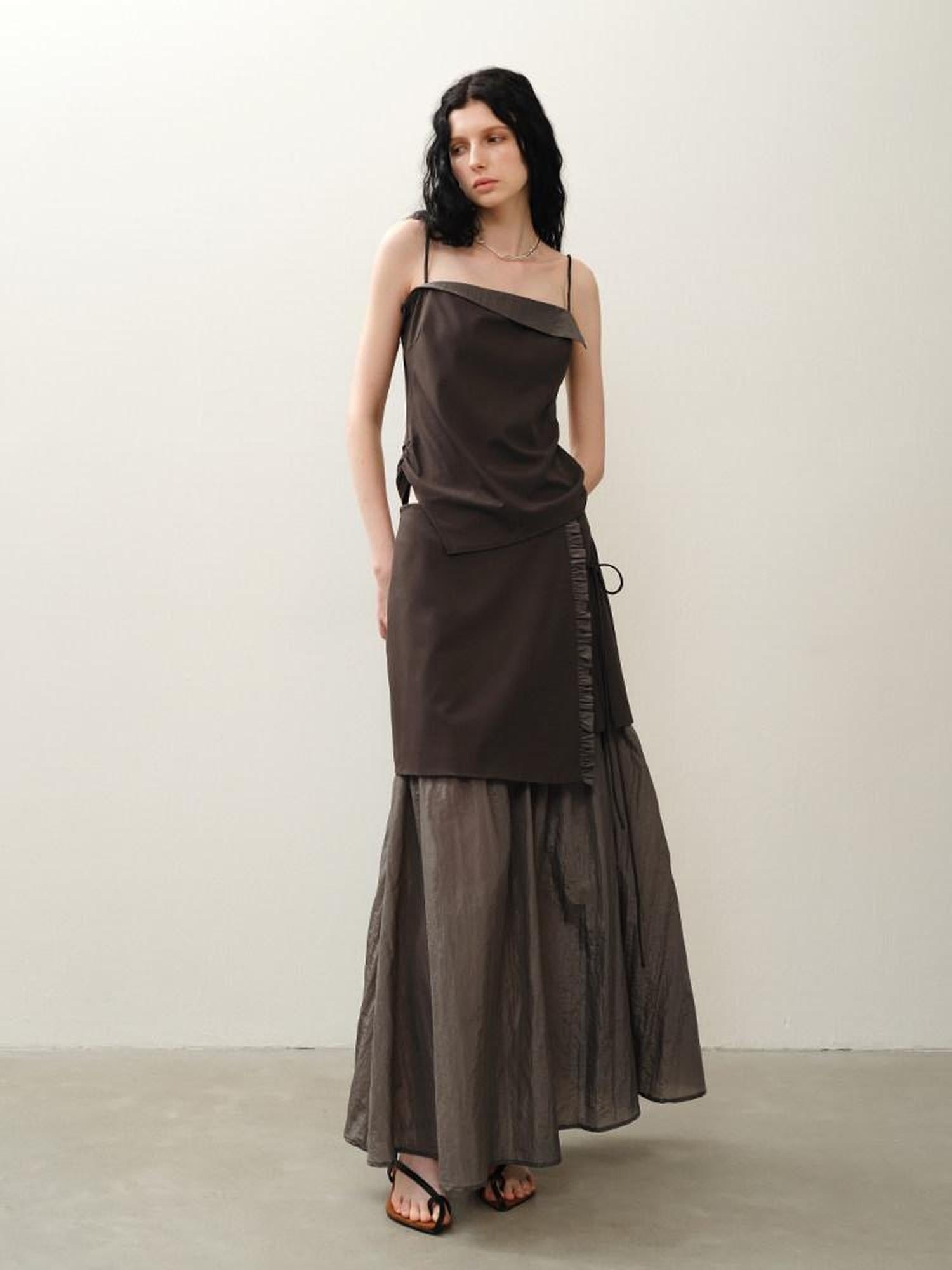 someonesometimes Original Design Loose Camisole And Skirt Women Coffee Brown Top & Skirt Sets