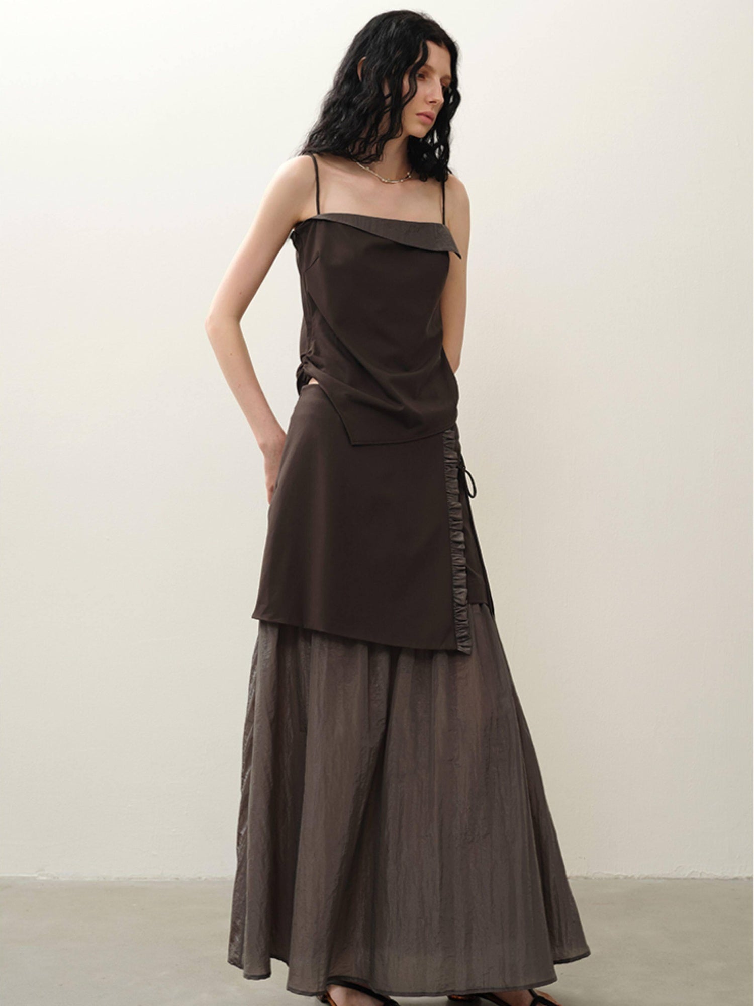 someonesometimes Original Design Loose Camisole And Skirt Women Coffee Brown Top & Skirt Sets