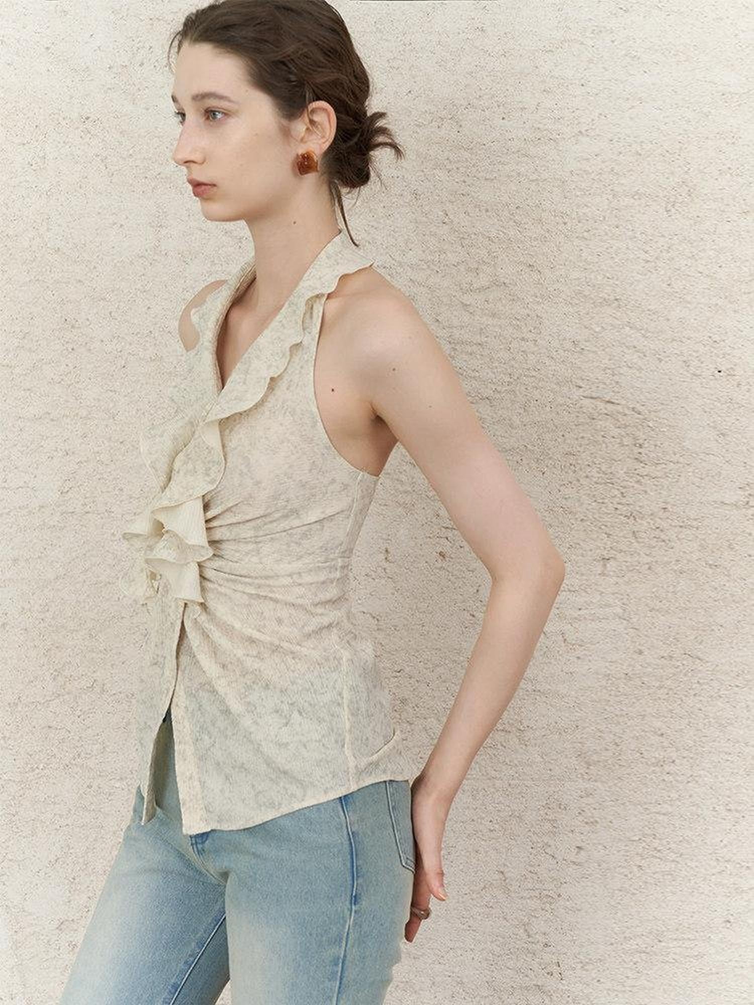 someonesometimes Original Design Ruffle Halter Cropped Slim Fit Apricot Poly Stretch Tank Tops