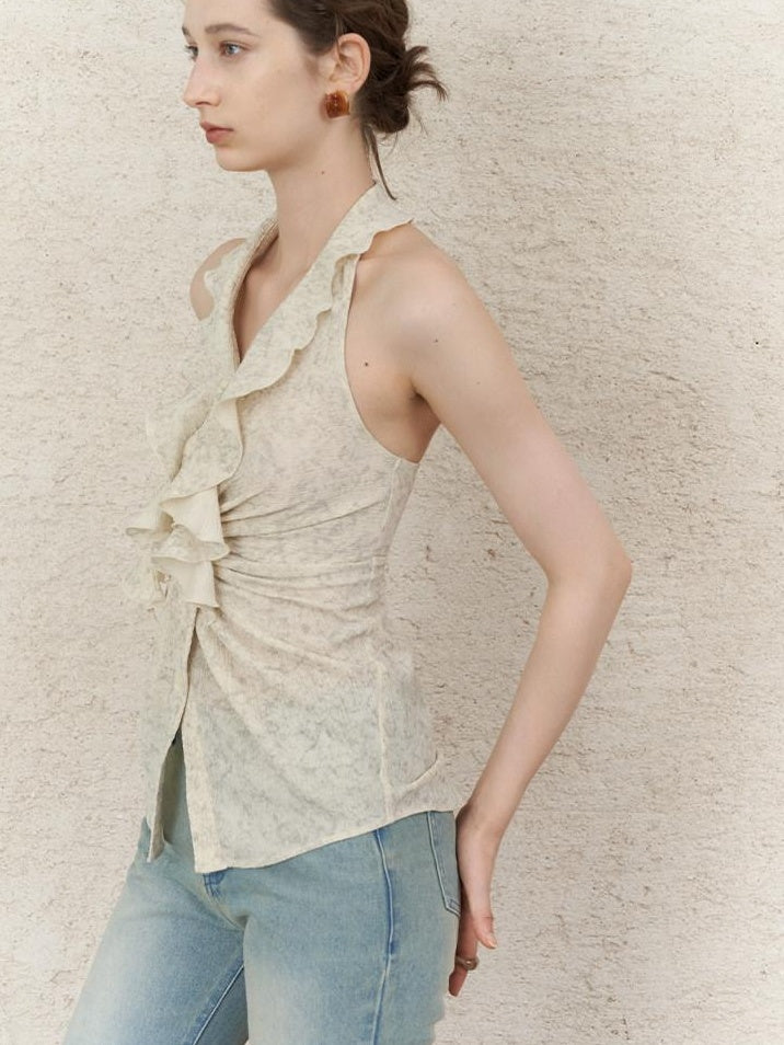 someonesometimes Original Design Ruffle Halter Cropped Slim Fit Apricot Poly Stretch Tank Tops