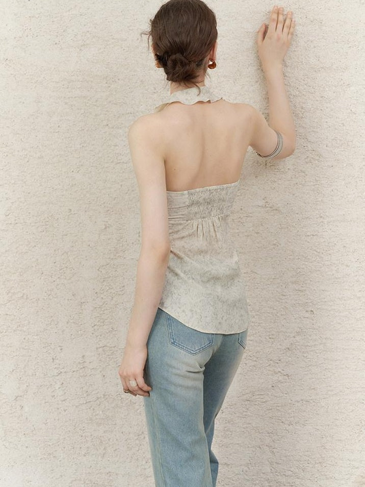 someonesometimes Original Design Ruffle Halter Cropped Slim Fit Apricot Poly Stretch Tank Tops