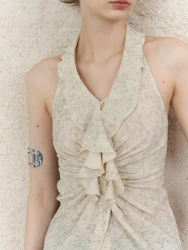 someonesometimes Original Design Ruffle Halter Cropped Slim Fit Apricot Poly Stretch Tank Tops