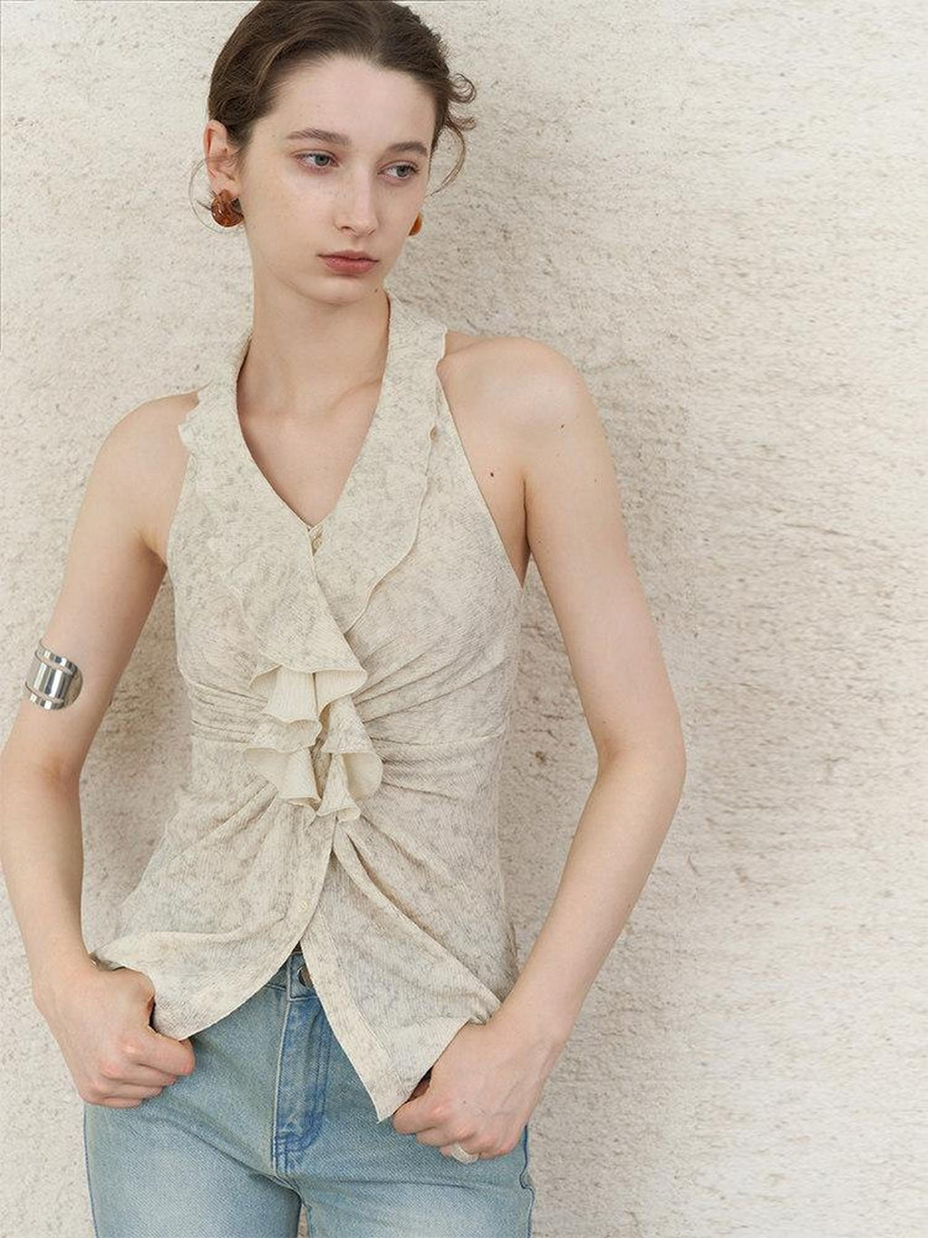someonesometimes Original Design Ruffle Halter Cropped Slim Fit Apricot Poly Stretch Tank Tops