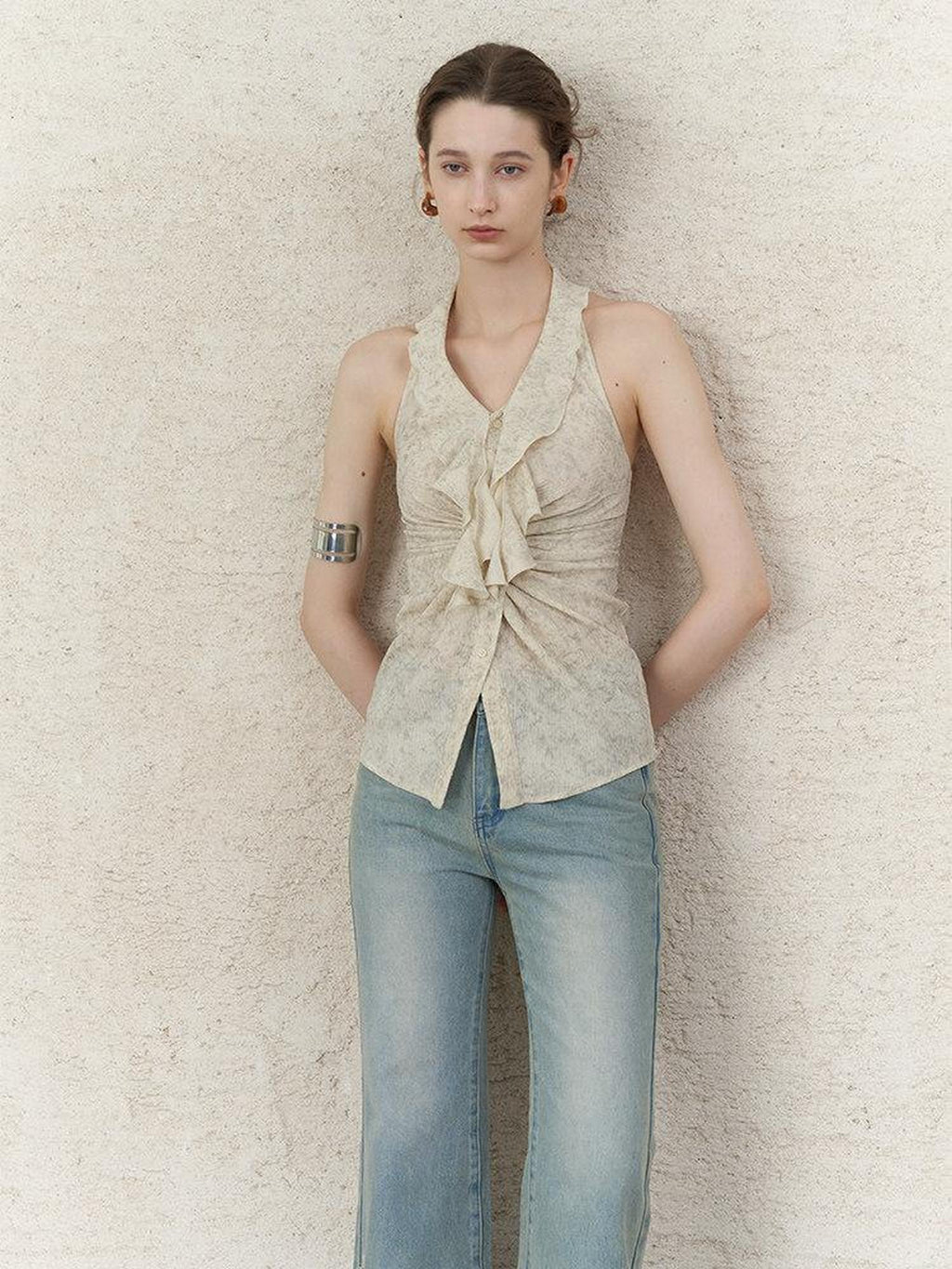 someonesometimes Original Design Ruffle Halter Cropped Slim Fit Apricot Poly Stretch Tank Tops
