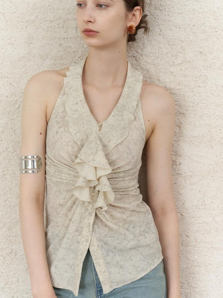 someonesometimes Original Design Ruffle Halter Cropped Slim Fit Apricot Poly Stretch Tank Tops