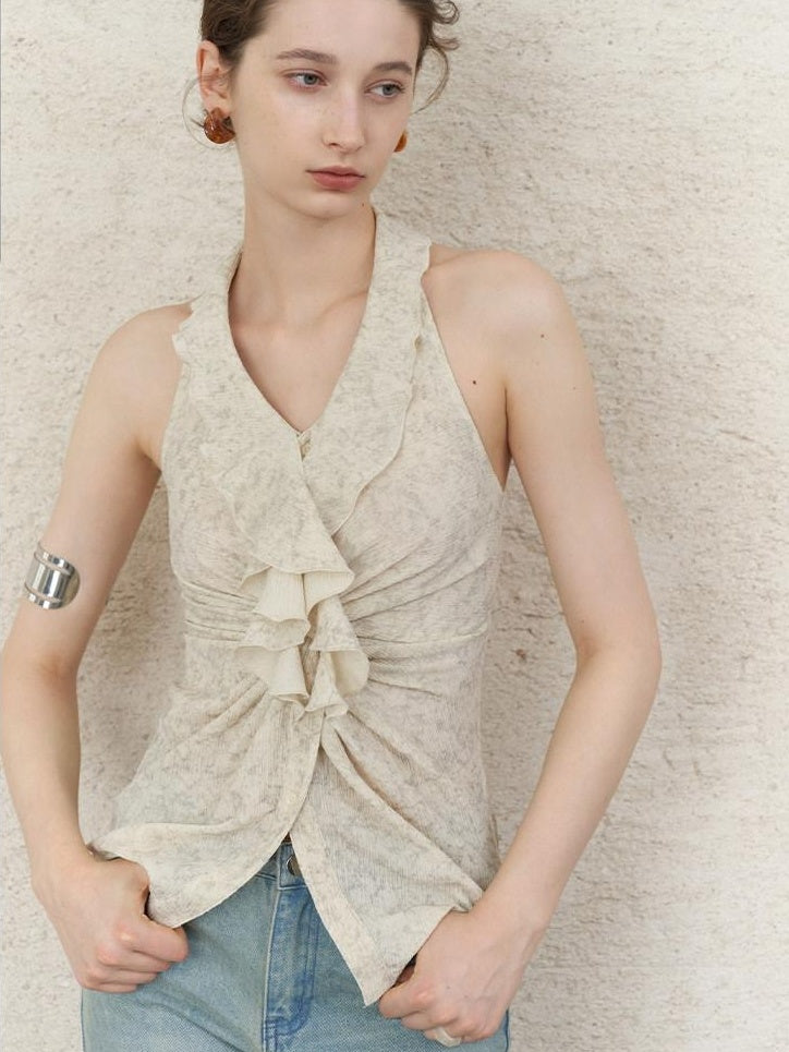 someonesometimes Original Design Ruffle Halter Cropped Slim Fit Apricot Poly Stretch Tank Tops