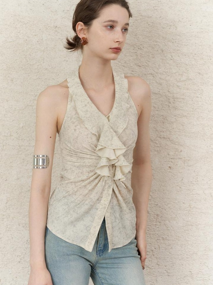 someonesometimes Original Design Ruffle Halter Cropped Slim Fit Apricot Poly Stretch Tank Tops