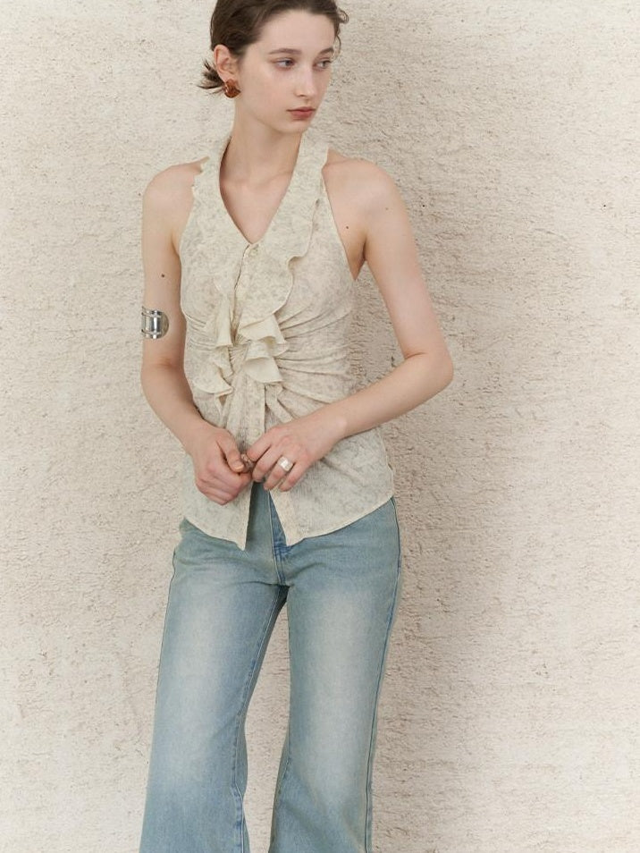 someonesometimes Original Design Ruffle Halter Cropped Slim Fit Apricot Poly Stretch Tank Tops