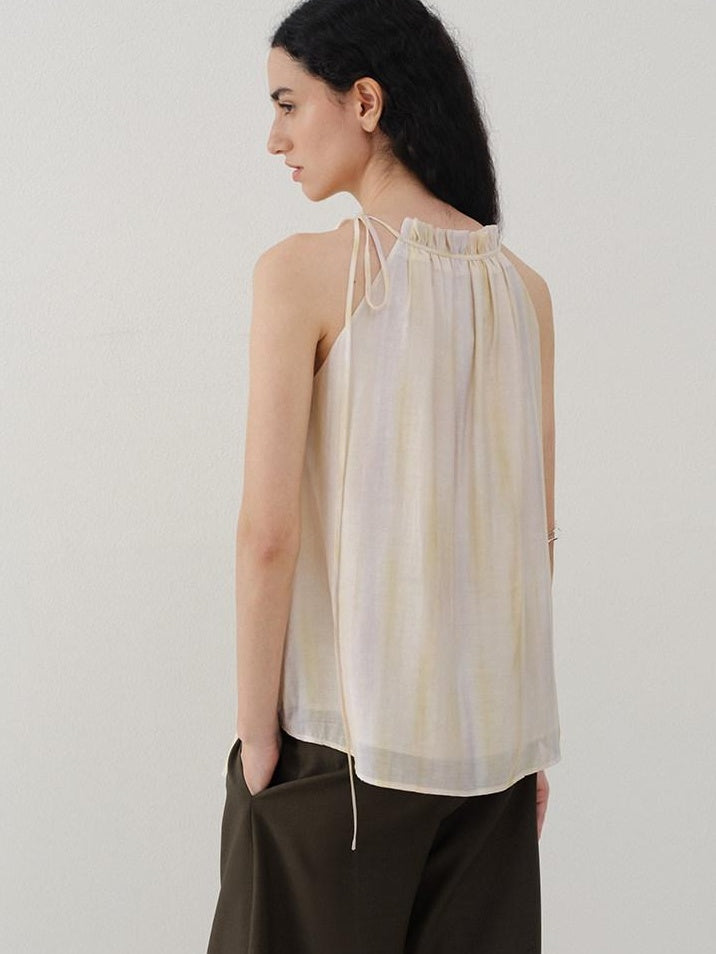 someonesometimes Original Mesh Patchwork Epaulette Loose Striped Women Halter Crop Tops