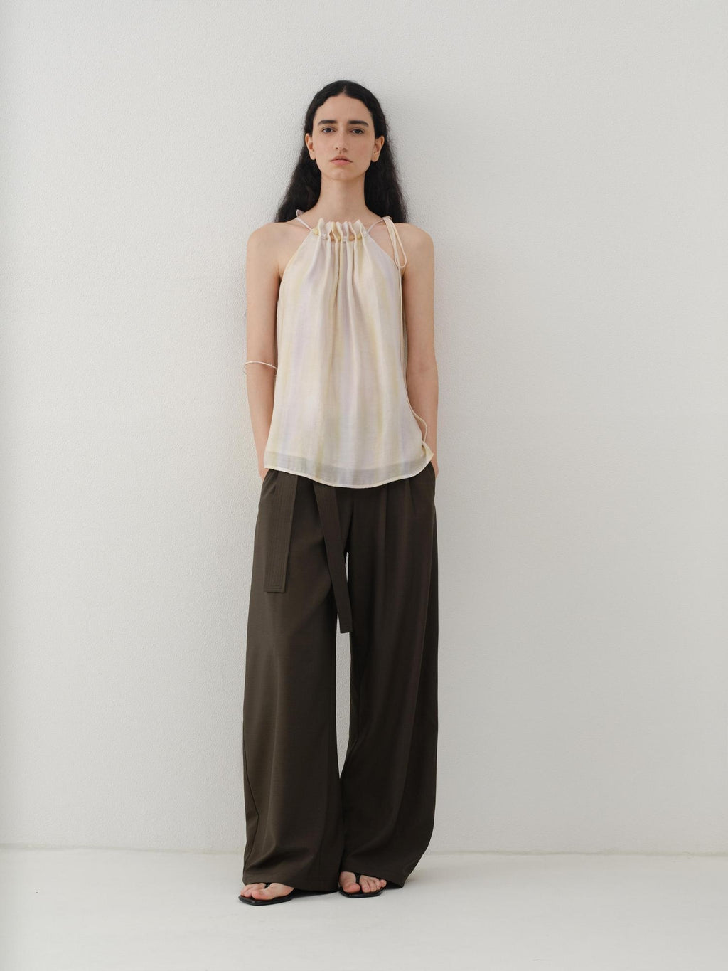 someonesometimes Original Mesh Patchwork Epaulette Loose Striped Women Halter Crop Tops