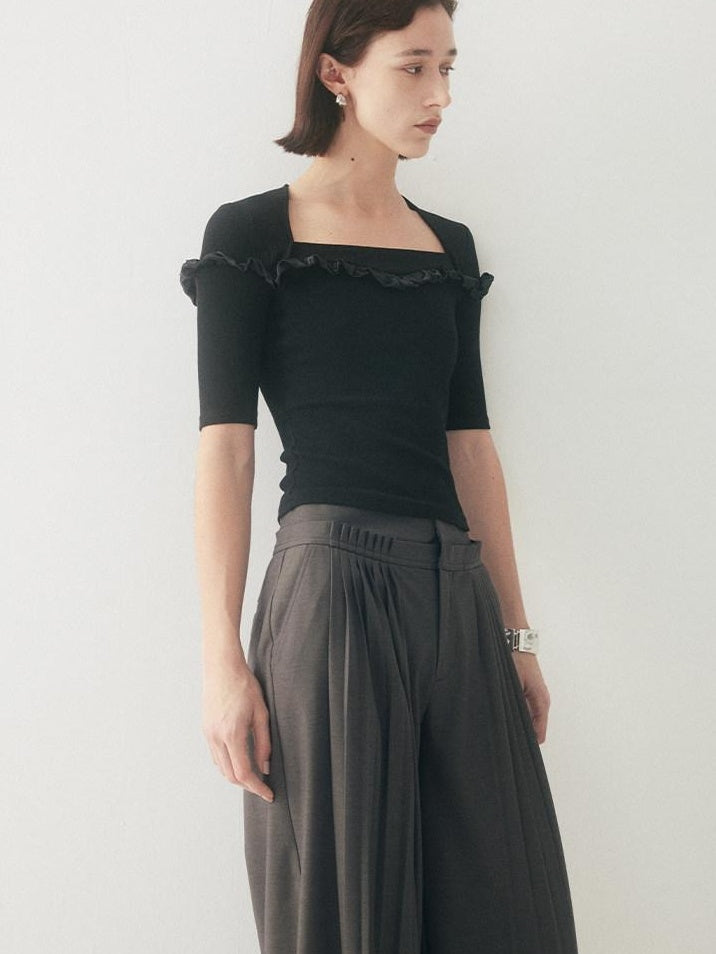 someonesometimes Original Pleated Low Rise Pocket Detail Unisex Black Wide Leg Pants