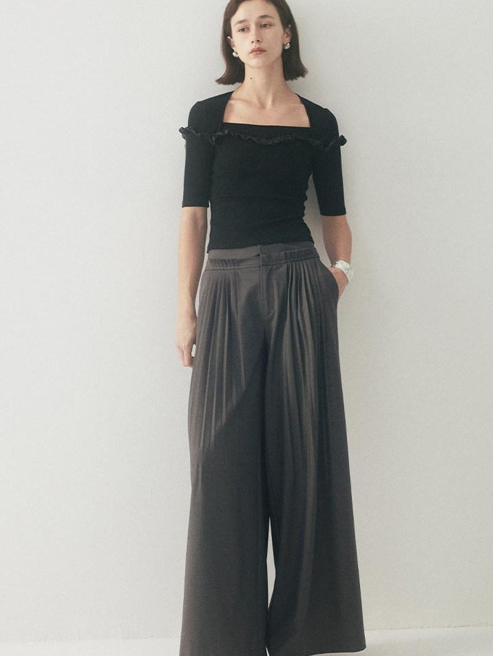 someonesometimes Original Pleated Low Rise Pocket Detail Unisex Black Wide Leg Pants