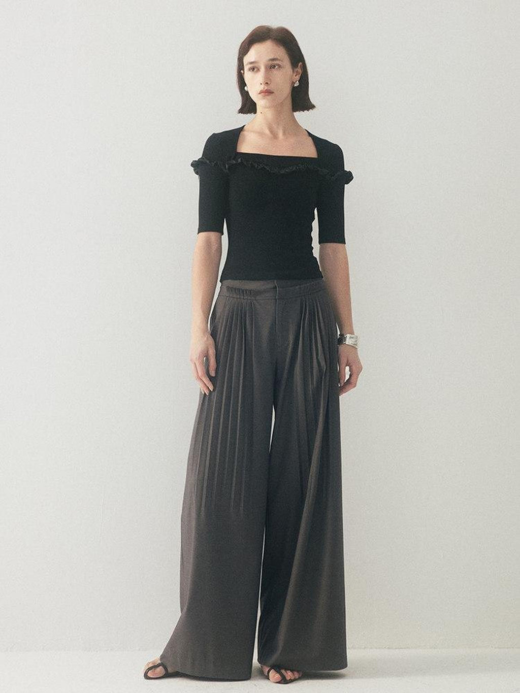 someonesometimes Original Pleated Low Rise Pocket Detail Unisex Black Wide Leg Pants