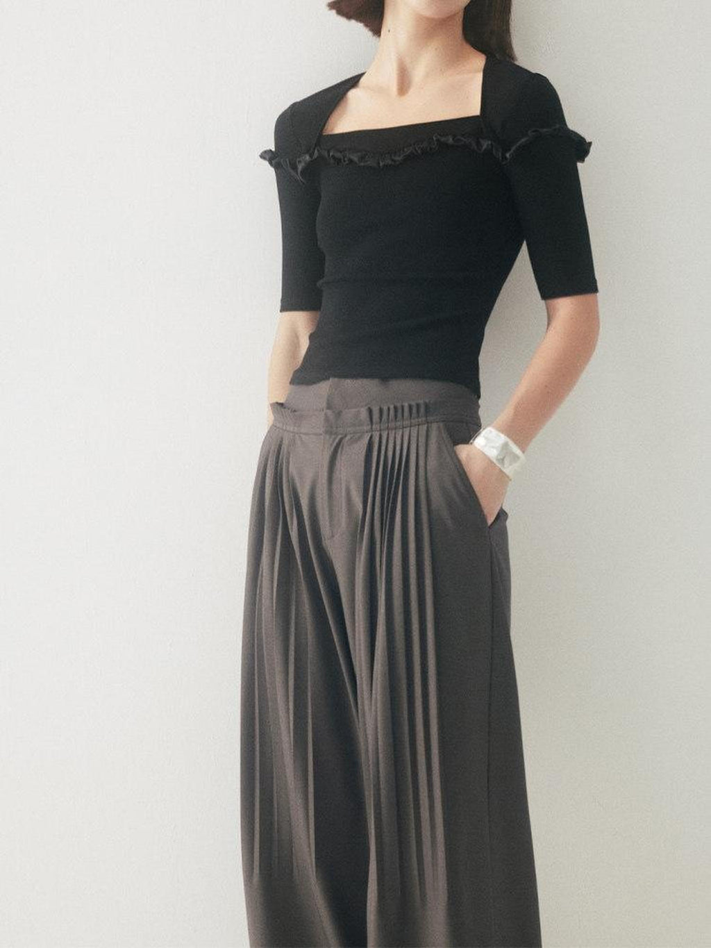 someonesometimes Original Pleated Low Rise Pocket Detail Unisex Black Wide Leg Pants