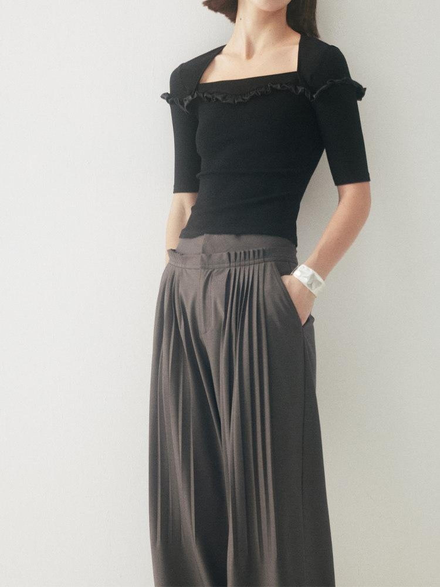 someonesometimes Original Pleated Low Rise Pocket Detail Unisex Black Wide Leg Pants