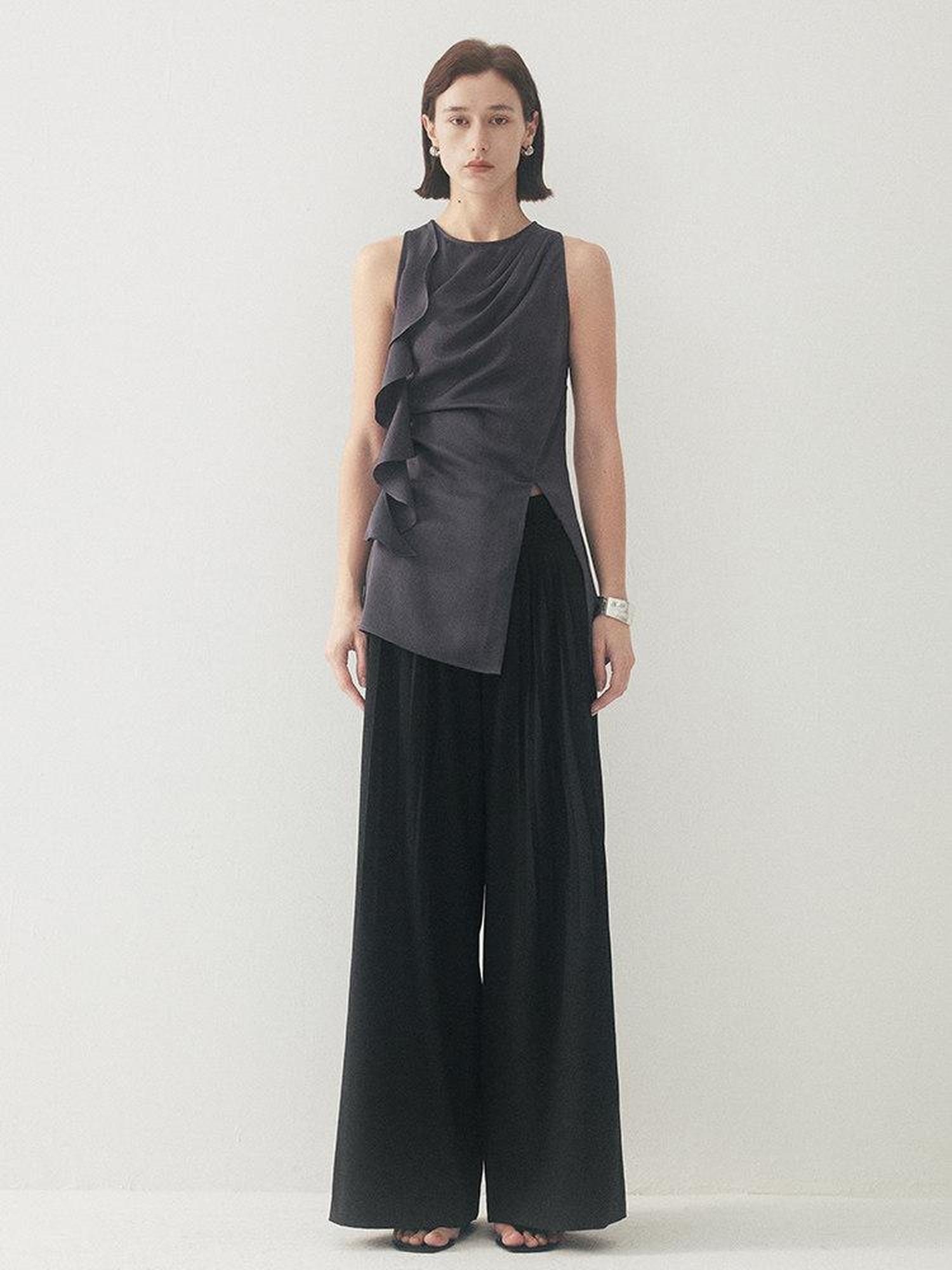 someonesometimes Original Pleated Low Rise Pocket Detail Unisex Black Wide Leg Pants