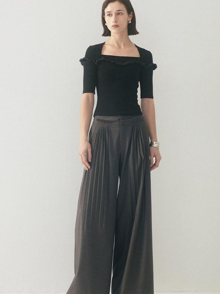 someonesometimes Original Pleated Low Rise Pocket Detail Unisex Black Wide Leg Pants