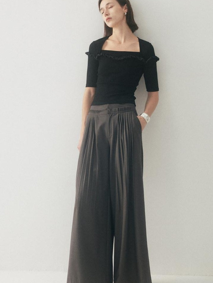 someonesometimes Original Pleated Low Rise Pocket Detail Unisex Black Wide Leg Pants
