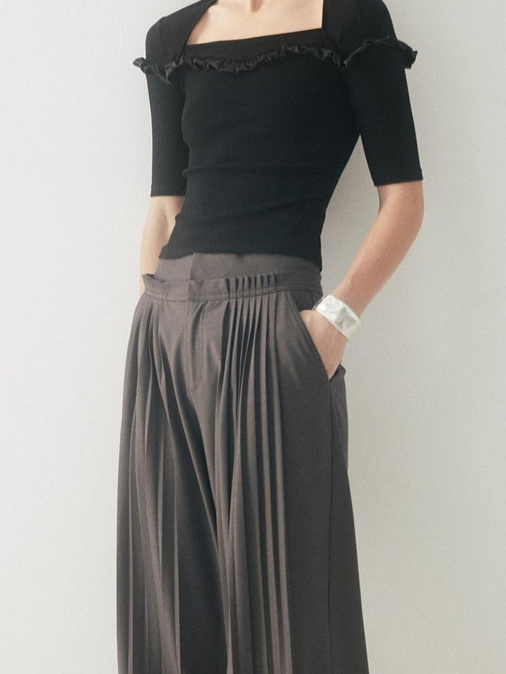 someonesometimes Original Pleated Low Rise Pocket Detail Unisex Black Wide Leg Pants