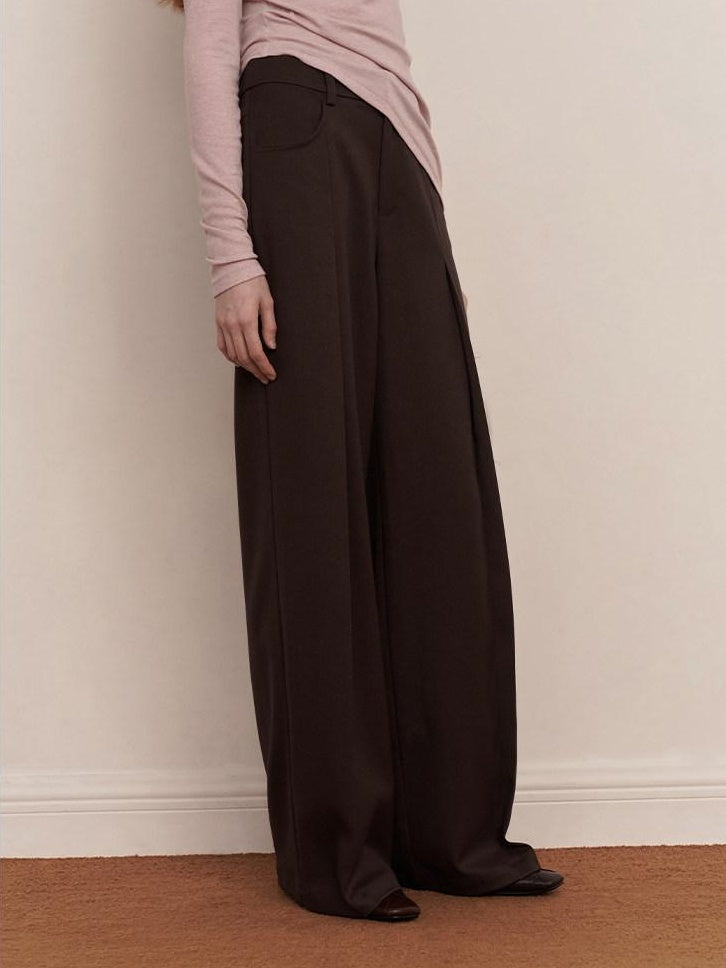 someonesometimes Original Pleated Low Waist Women Pine Brown Polyester Blend Wide Leg Pants