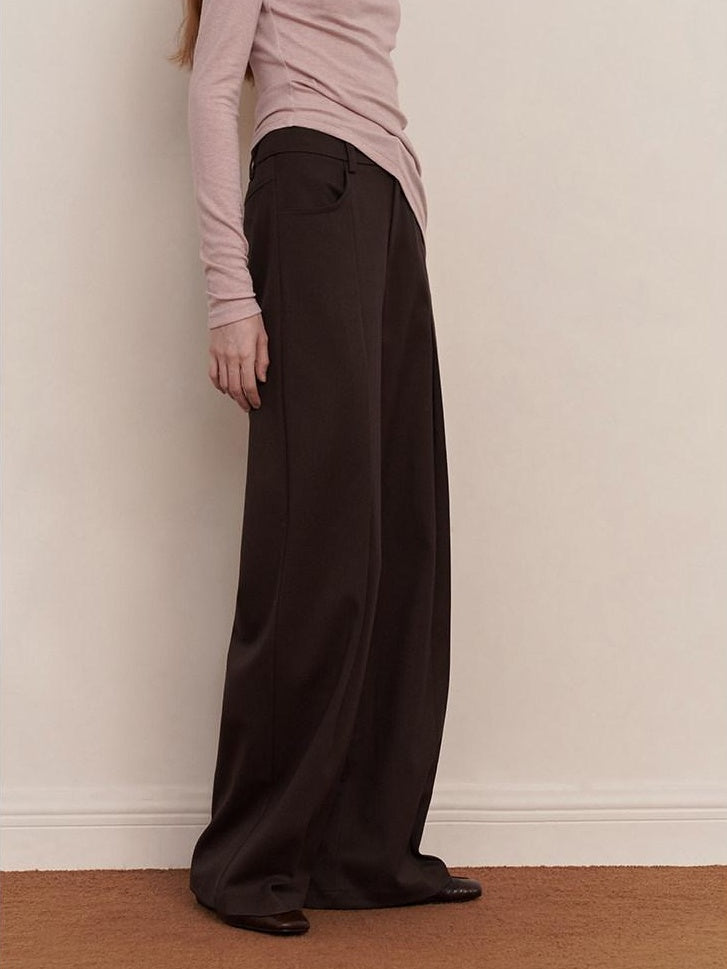 someonesometimes Original Pleated Low Waist Women Pine Brown Polyester Blend Wide Leg Pants