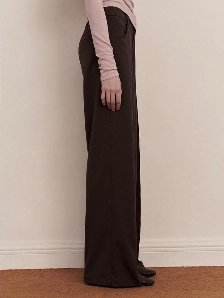 someonesometimes Original Pleated Low Waist Women Pine Brown Polyester Blend Wide Leg Pants