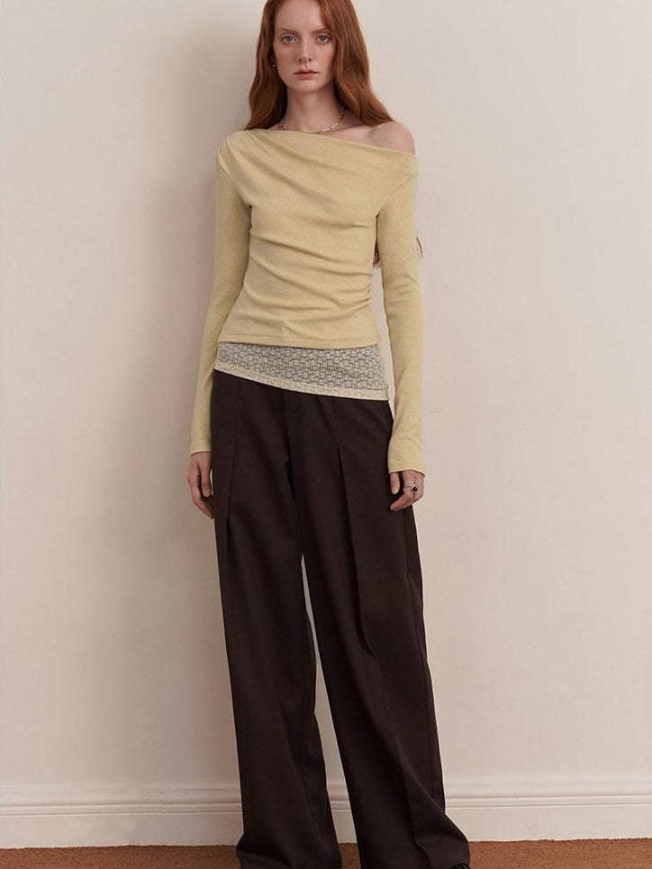 someonesometimes Original Pleated Low Waist Women Pine Brown Polyester Blend Wide Leg Pants