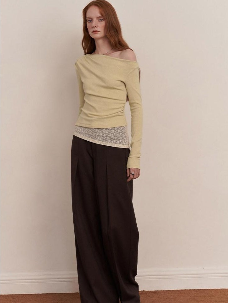 someonesometimes Original Pleated Low Waist Women Pine Brown Polyester Blend Wide Leg Pants