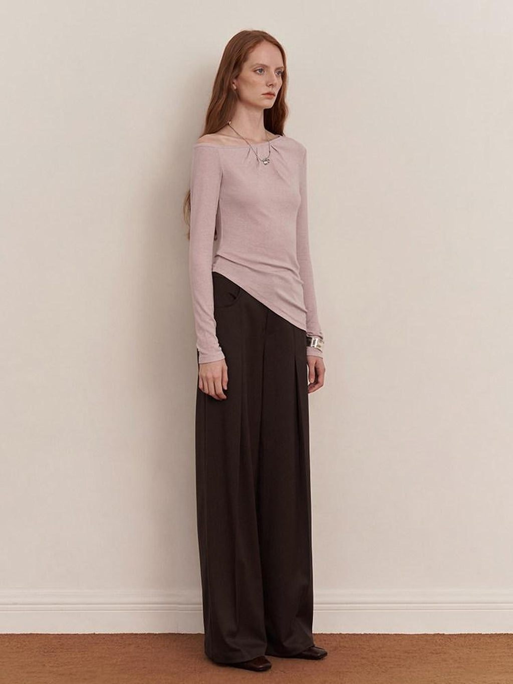 someonesometimes Original Pleated Low Waist Women Pine Brown Polyester Blend Wide Leg Pants