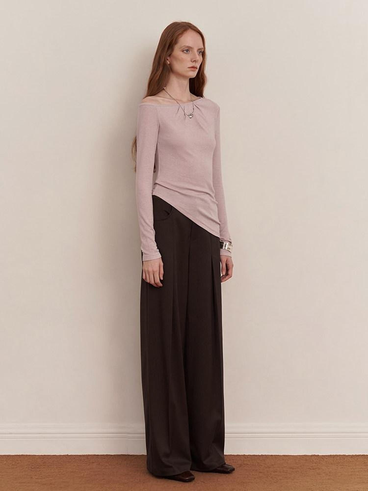 someonesometimes Original Pleated Low Waist Women Pine Brown Polyester Blend Wide Leg Pants