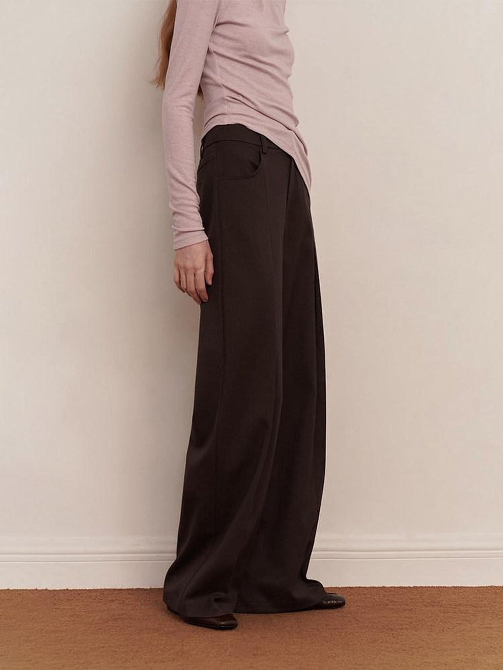 someonesometimes Original Pleated Low Waist Women Pine Brown Polyester Blend Wide Leg Pants