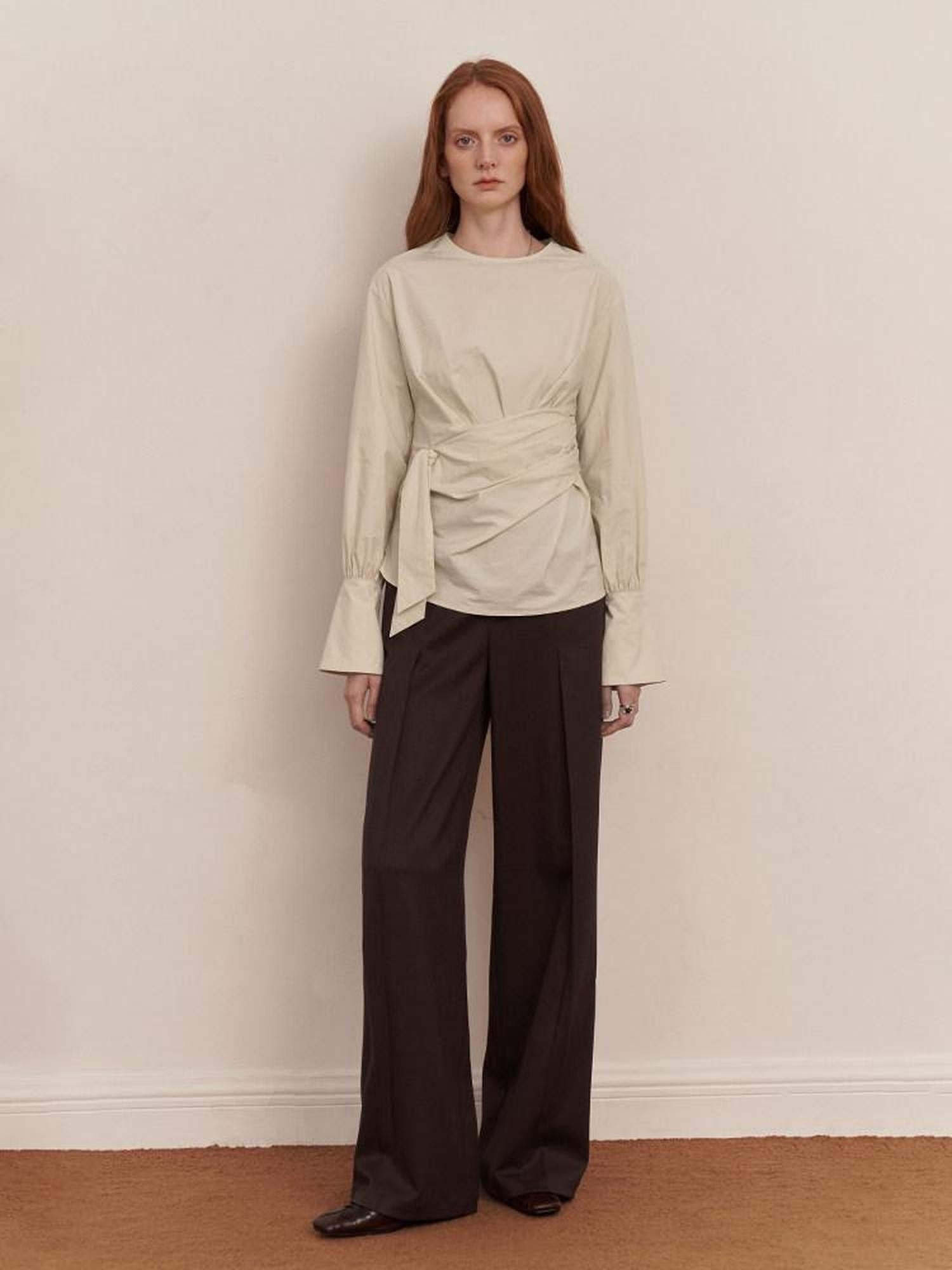 someonesometimes Original Pleated Low Waist Women Pine Brown Polyester Blend Wide Leg Pants