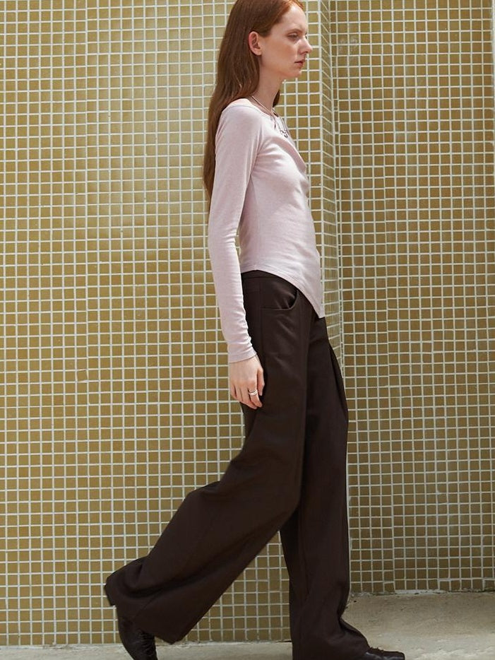 someonesometimes Original Pleated Low Waist Women Pine Brown Polyester Blend Wide Leg Pants