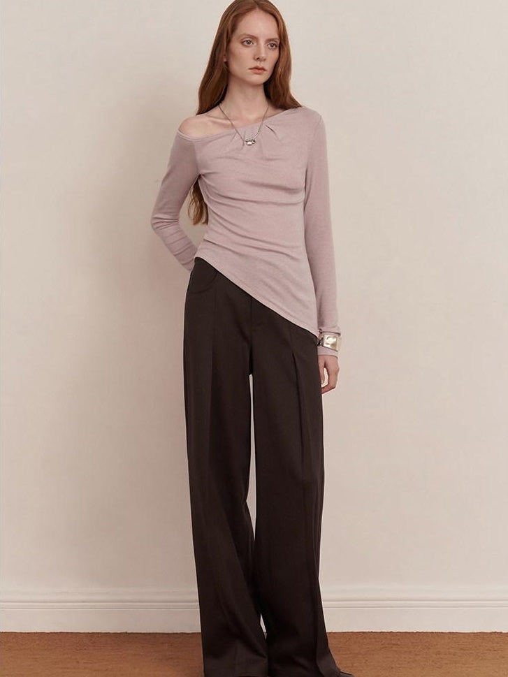 someonesometimes Original Pleated Low Waist Women Pine Brown Polyester Blend Wide Leg Pants
