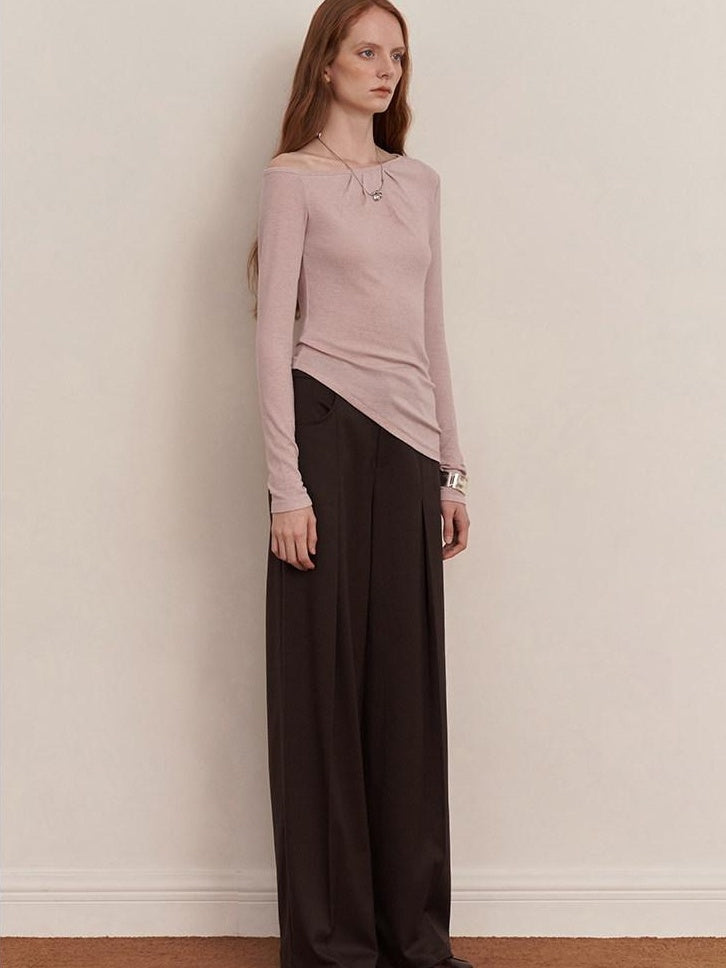someonesometimes Original Pleated Low Waist Women Pine Brown Polyester Blend Wide Leg Pants