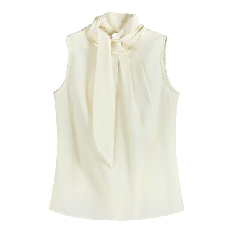 someonesometimes_Original_Slim_Tie_Detail_Stand_Collar_Sleeveless_Cream_Pullover_Top_&_Skirt_Sets_MISSTT