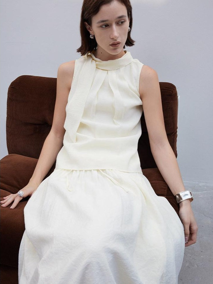 someonesometimes Original Slim Tie Detail Stand Collar Sleeveless Cream Pullover Top & Skirt Sets
