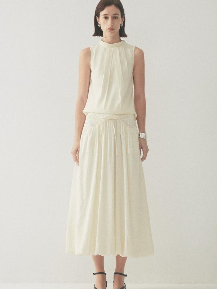 someonesometimes Original Slim Tie Detail Stand Collar Sleeveless Cream Pullover Top & Skirt Sets
