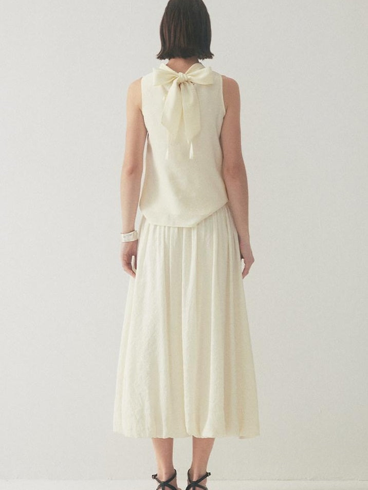 someonesometimes Original Slim Tie Detail Stand Collar Sleeveless Cream Pullover Top & Skirt Sets