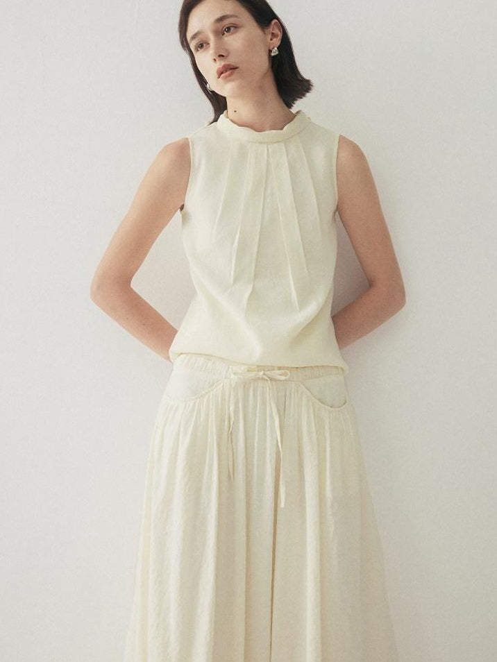 someonesometimes Original Slim Tie Detail Stand Collar Sleeveless Cream Pullover Top & Skirt Sets