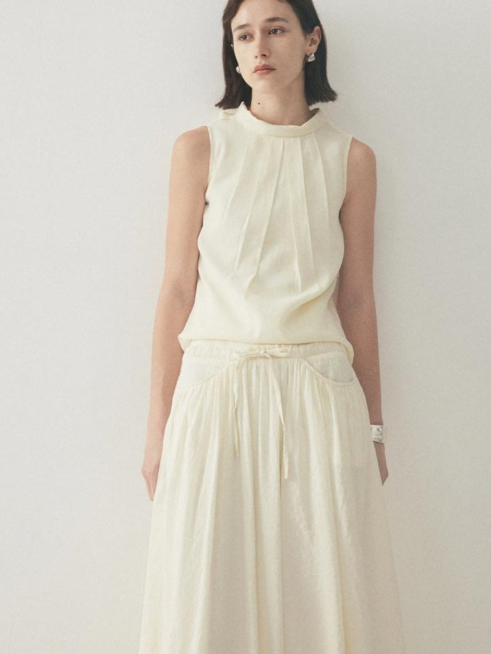 someonesometimes Original Slim Tie Detail Stand Collar Sleeveless Cream Pullover Top & Skirt Sets