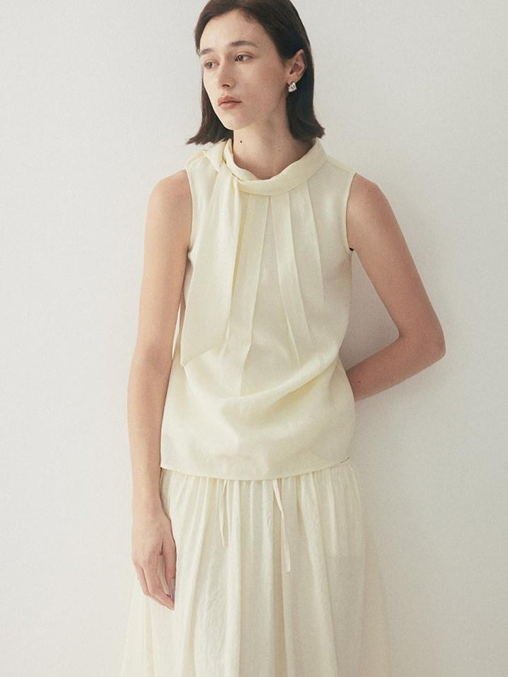someonesometimes Original Slim Tie Detail Stand Collar Sleeveless Cream Pullover Top & Skirt Sets