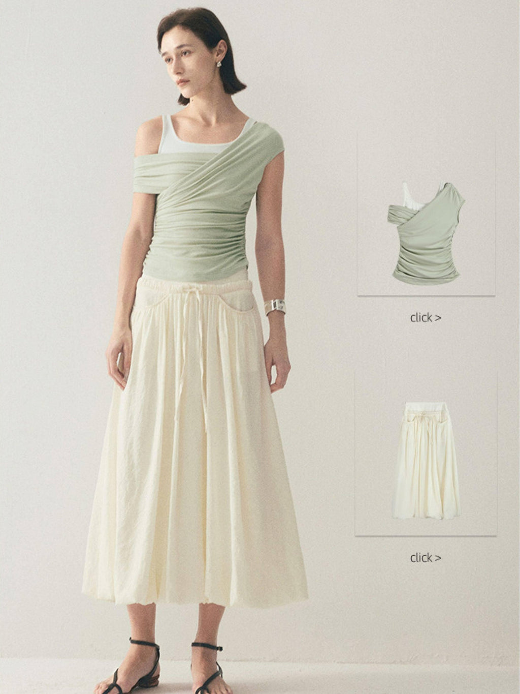 someonesometimes Original Slim Tie Detail Stand Collar Sleeveless Cream Pullover Top & Skirt Sets