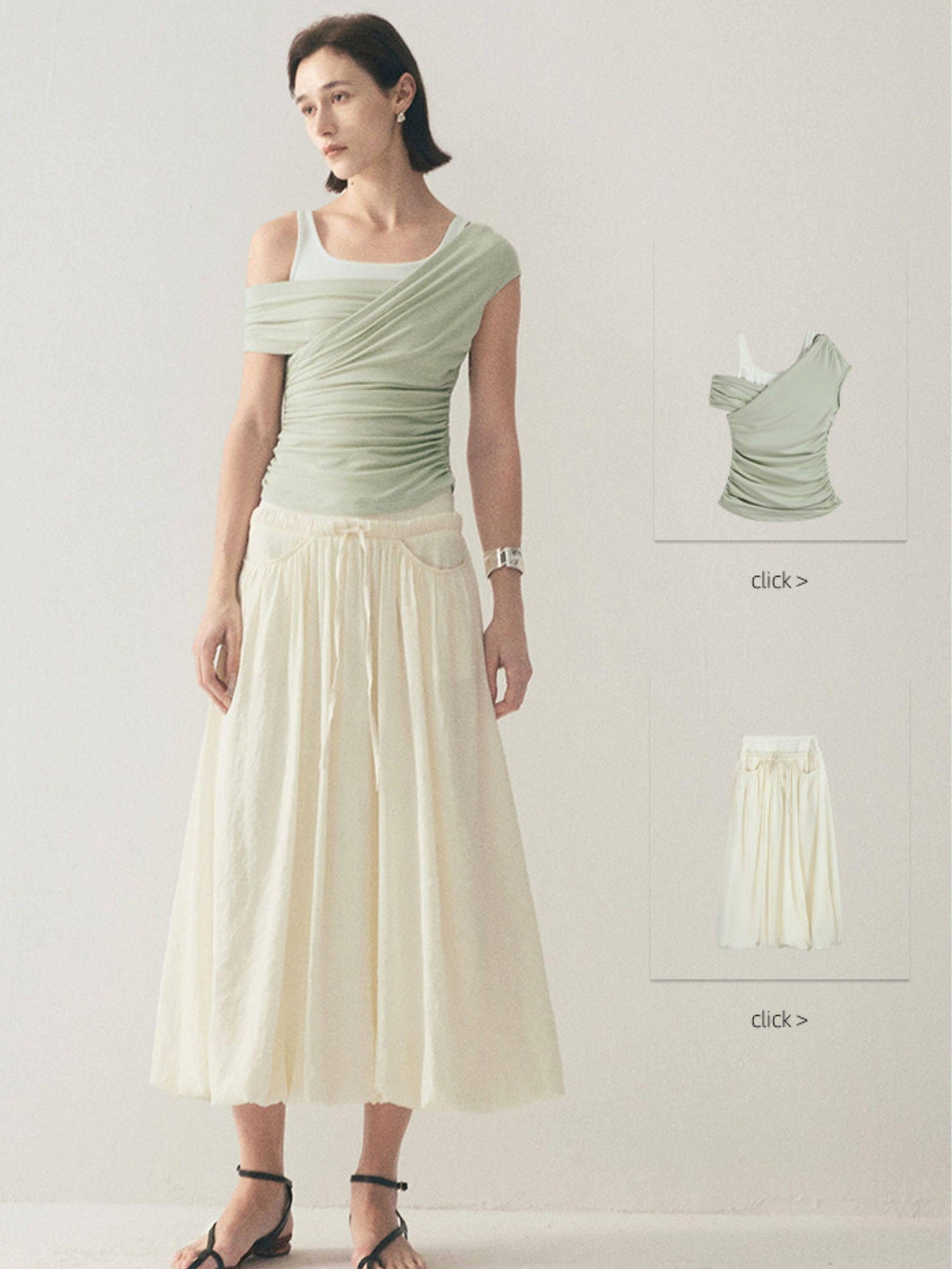 someonesometimes Original Slim Tie Detail Stand Collar Sleeveless Cream Pullover Top & Skirt Sets