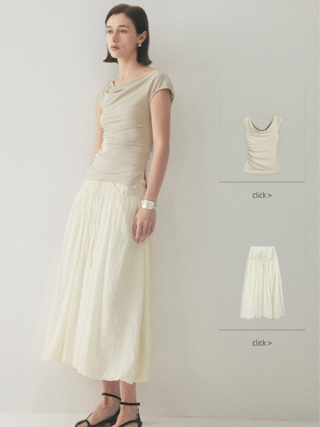 someonesometimes Original Slim Tie Detail Stand Collar Sleeveless Cream Pullover Top & Skirt Sets