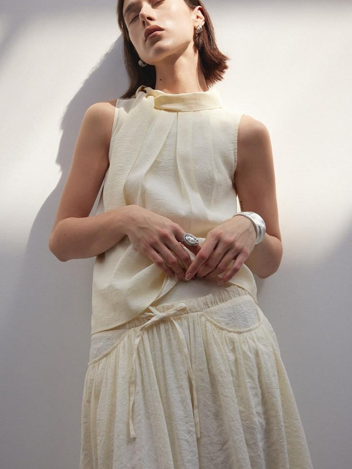 someonesometimes Original Slim Tie Detail Stand Collar Sleeveless Cream Pullover Top & Skirt Sets