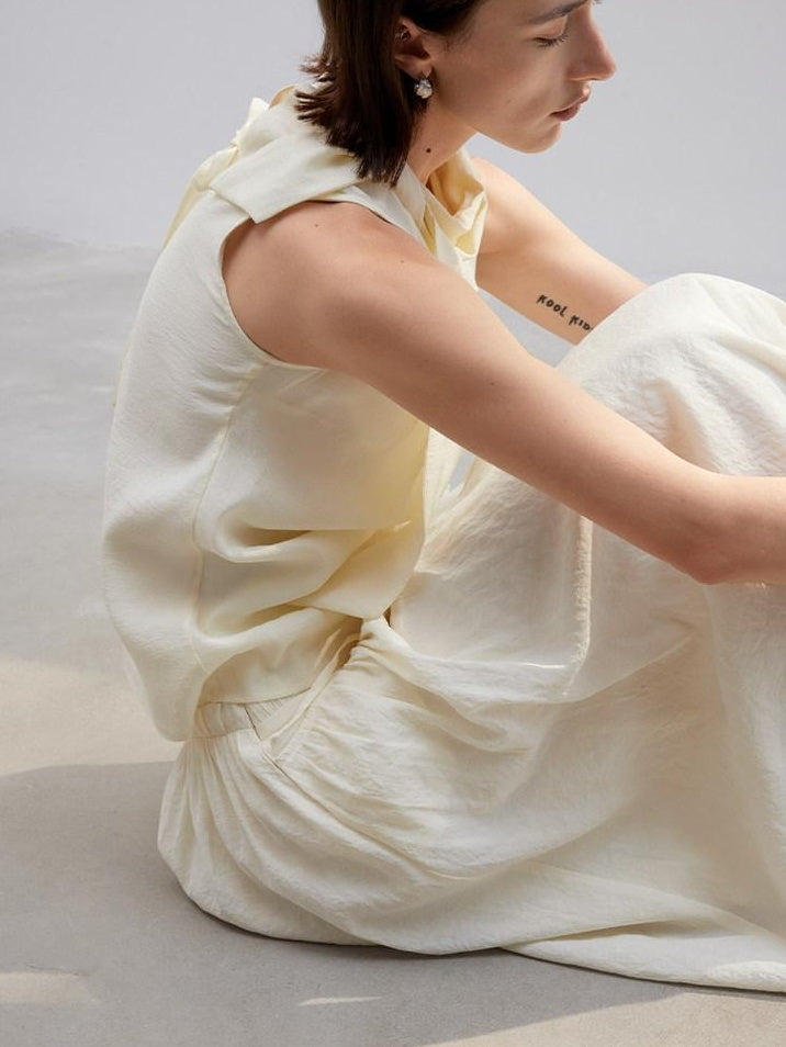 someonesometimes Original Slim Tie Detail Stand Collar Sleeveless Cream Pullover Top & Skirt Sets